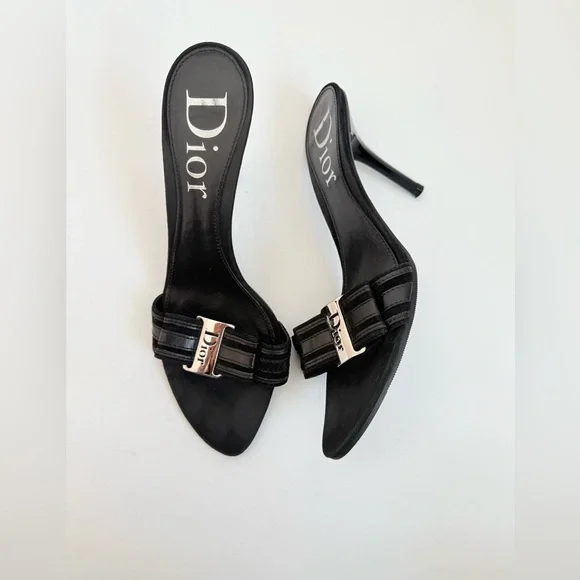 Christian Dior Y2K Black Leather Logo Plaque Kitten Heel Mules 39.5 Galliano Era - Picture 2 of 9